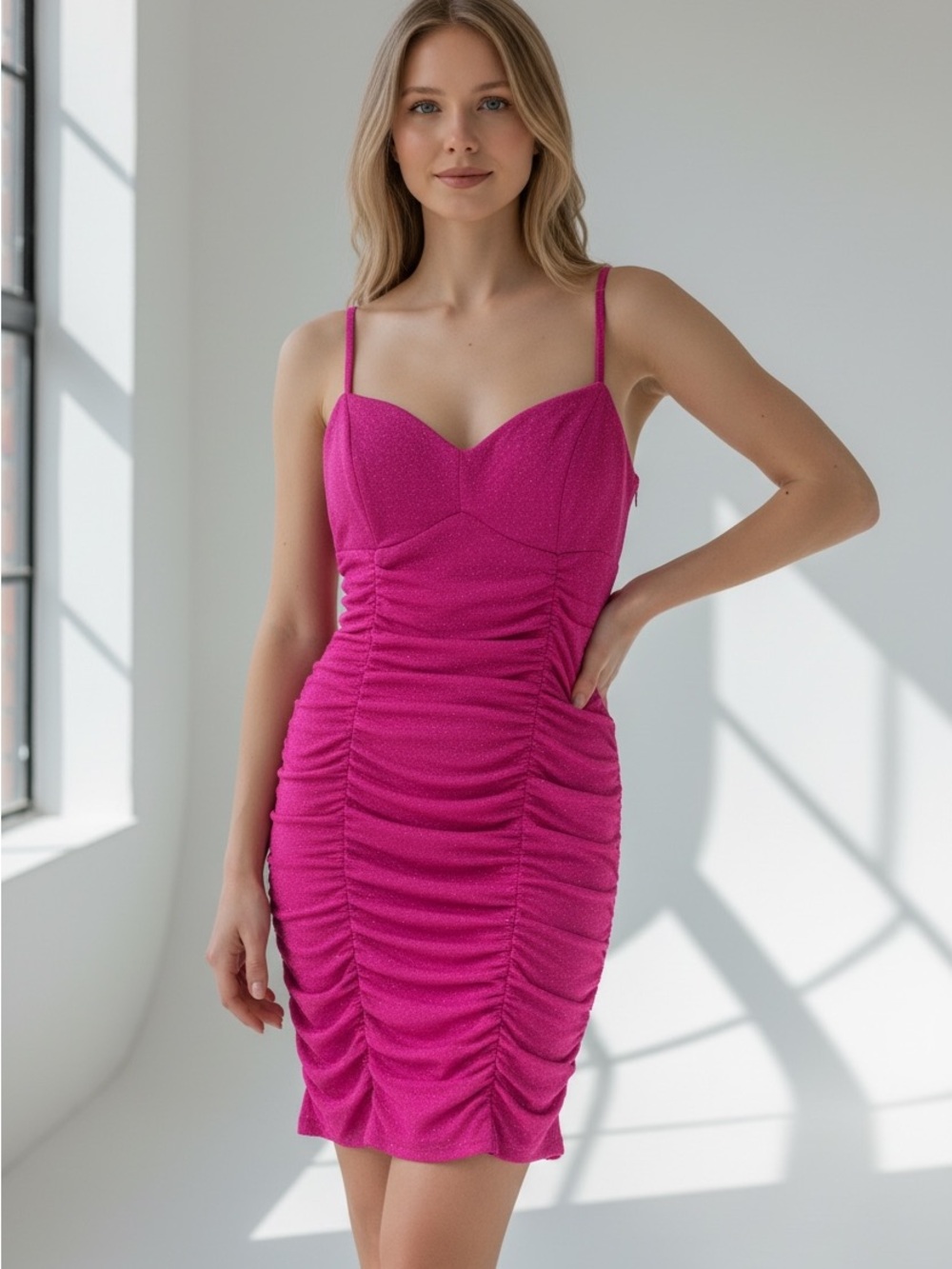 Honey and Rosie Fuchsia Ruched Mini Dress with Spaghetti Straps